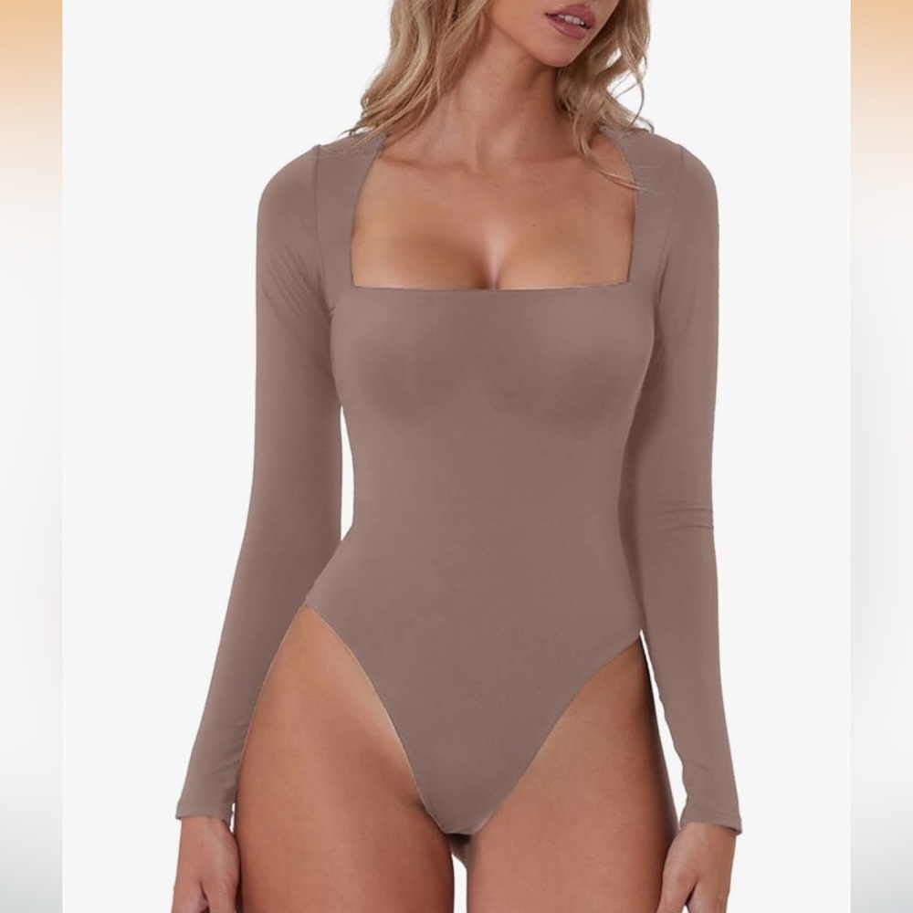 QINSEN Women's Sexy Square Neck Bodysuit Long Sleeve Double Lined nwt rose taupe